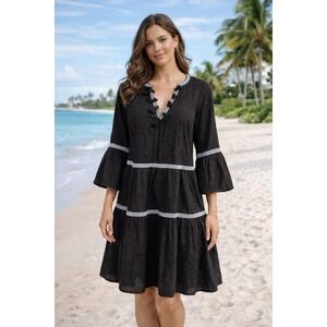 Tommy Bahama Black Embroidered Tiered Mini Dress Tassel V-Neck S/P SS500113